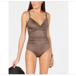 NWT Calvin Klein Twist-Front Tummy-Control One-Piece Swimsuit, Bronze